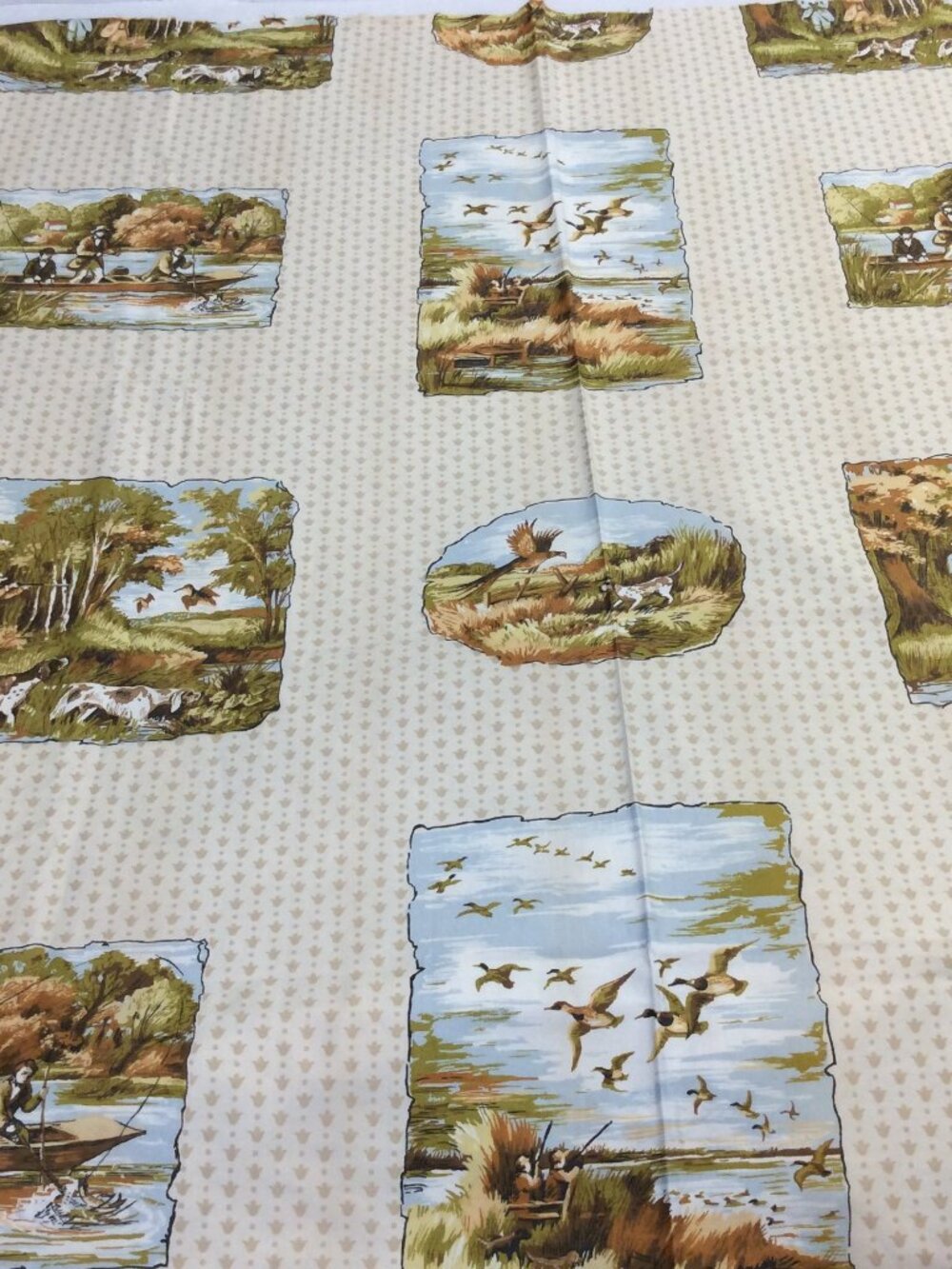 Waverly Fabric Field & Stream Hunting Bird Dogs Fishing Ducks Rowboat 1950  1.5